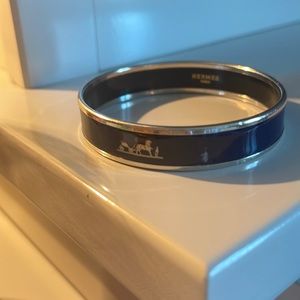 Hermes navy Blue Enamel silver Trim Bangle Bracelet with Hermes Logo Horse